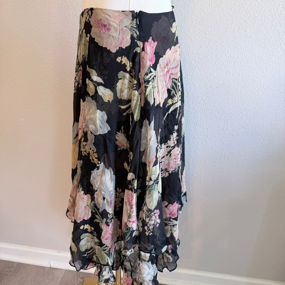 NWT Ralph Lauren Floral Silk Asymmetric Midi Skirt Y2K Fairy Grunge Black 12 - Picture 3 of 5